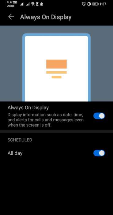 Always on Display Settings HUAWEI P40 Lite E